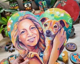 Person and their pet portrait - Custom traditional painting on heart shaped canvas 12&quot;