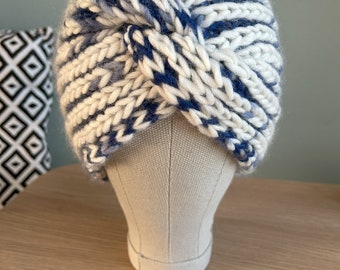 Peruaanse Wol Gebreide Oorwarmer, Tulband, Naturel/Marineblauw