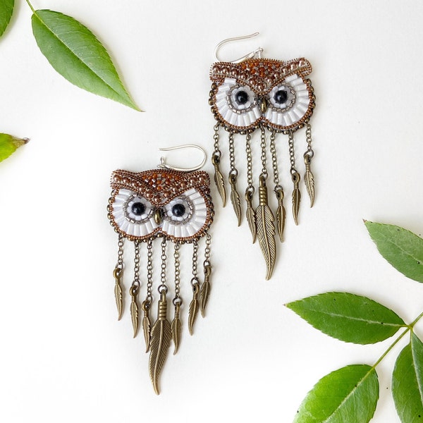 Owl beaded earrings in boho style, aesthetic bird earrings