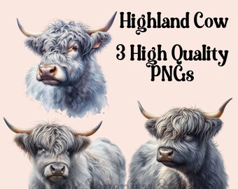 Highland Cow PNG Pack 1, aquarela Highland Cow, cinza Highland Cow Clipart, vaca fofa PNG, 300DPI Highland Cow PNG, download digital