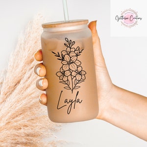 Customized Birth Flower Coffee Cup with Name/ Bridesmaid Proposal Gift/ Christmas Gift/ frosted glass/ maid of honor/ personalized