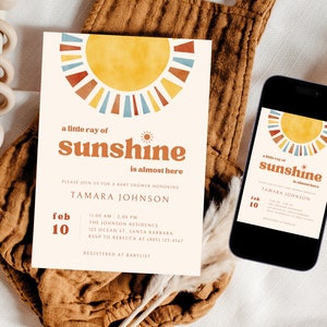 Sunshine Baby Shower Invitation, A Little Ray of Sunshine Baby Shower Invite, Sun Baby Shower Invite, Sun Baby Shower Invitation, Editable