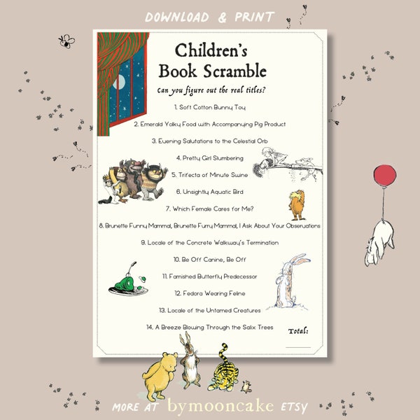 vintage Storybook Characters - Children's Book Scramble - Baby Shower Game - Instant Download - Digital Only