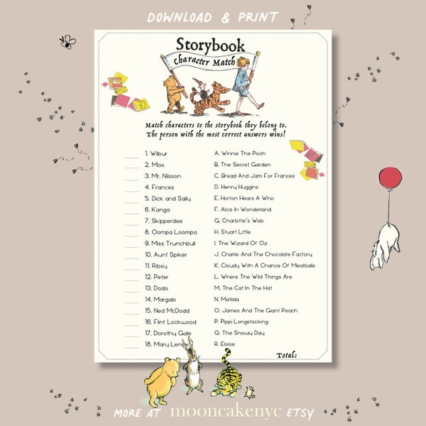 Storybook Character Match - Baby Shower Game - Instant Download - Digital Only - Printable