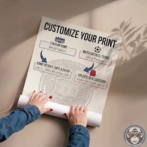 May include: A white poster titled CUSTOMIZE YOUR PRINT featuring a stadium seating chart diagram. It includes fields for Stadium Name, Match Details, Date and Event, and Specific Seat Location, with text showing MetLife Stadium, USA vs Paraguay, July 31, 2026, World Cup 2026, Section 220, Row 5, Seat 18.