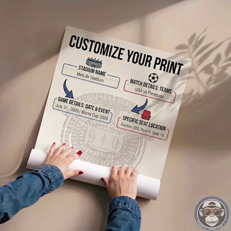 May include: A white poster titled CUSTOMIZE YOUR PRINT featuring a stadium seating chart diagram. It includes fields for Stadium Name, Match Details, Date and Event, and Specific Seat Location, with text showing MetLife Stadium, USA vs Paraguay, July 31, 2026, World Cup 2026, Section 220, Row 5, Seat 18.
