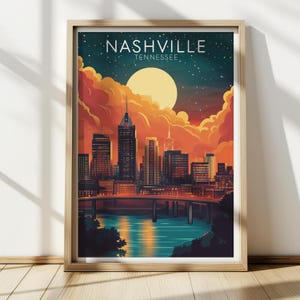 Póster de Nashville, arte mural de Tennessee, póster de viaje, arte mural vintage, ciudad de la música, música country
