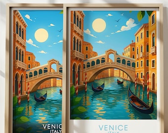 May include: A colorful illustration of a bridge over a canal in Venice, Italy. The bridge is arched and has a white railing. There are gondolas in the canal and buildings on either side of the canal. The sky is blue with white clouds and a bright yellow sun.