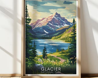 May include: A vintage-style travel poster featuring a scenic view of Glacier National Park. The poster depicts a mountain range with a lake in the foreground and lush green trees. The text "Glacier National Park" is displayed at the bottom of the poster.