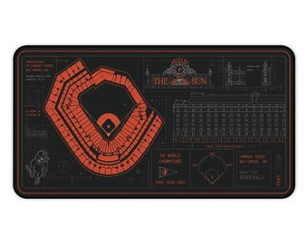 Tappetino da scrivania Camden Yards, tappetino per mouse con la planimetria dello stadio di Baltimora, arancione e nero