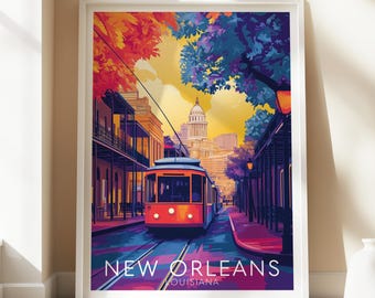 New Orleans Streetcar Poster, Bourbon Street Travel Art Print, Digital Download Wall Decor
