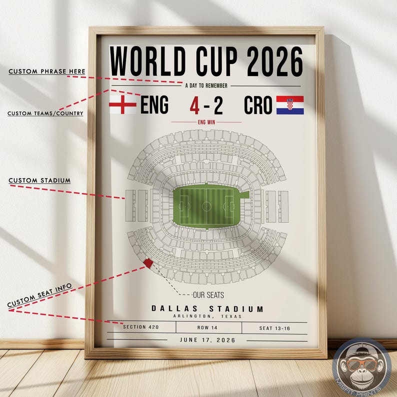 May include: A framed poster titled WORLD CUP 2026 featuring a stadium map with a highlighted red seat section. It displays the score ENG 4-2 CRO, the text A DAY TO REMEMBER, DALLAS STADIUM, ARLINGTON, TEXAS, and the date JUNE 17, 2026 with seat info.