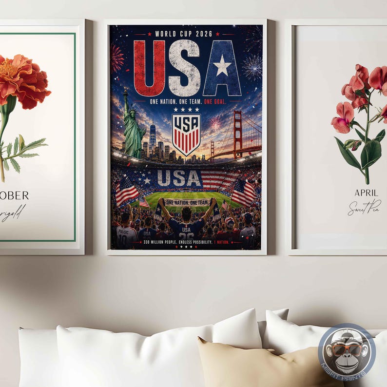 May include: A vertical wall art print featuring a World Cup 2026 USA theme. The design displays the Statue of Liberty, the Golden Gate Bridge, a soccer stadium filled with fans, the USA soccer crest, and the text USA, One Nation, One Team, One Goal.
