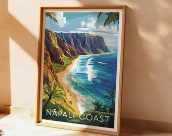 Nāpali Coast Poster, Kauai Hawaii Print, Tropische Küstenwandkunst Digitaler Download