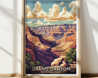May include: A vintage-style illustration of the Grand Canyon National Park. The image features a panoramic view of the canyon with layered rock formations and a blue sky with fluffy white clouds. The text "Grand Canyon National Park" is printed at the bottom of the image.