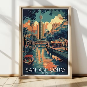 San Antonio Poster, River Walk Poster, Texas Vintage Travel Art, Retro Wall Decor, Texas River Walk Print, Home & Office Wall Art