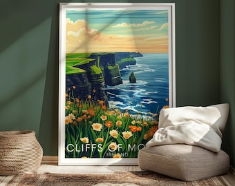 Cliffs of Moher Ireland Travel Poster, Vintage Coastal Landscape Print (Digital Download)