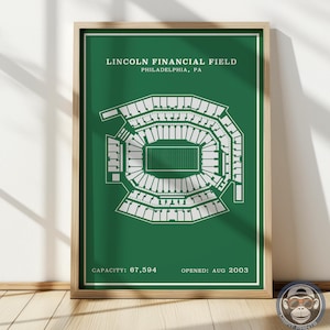Könnte beinhalten: Ein gerahmter Druck mit einem weißen Architekturdiagramm des Lincoln Financial Field in Philadelphia, PA, vor einem einfarbigen dunkelgrünen Hintergrund. Der Text lautet Lincoln Financial Field, Philadelphia, PA, Capacity: 67,594, Opened: Aug 2003.