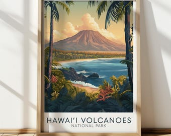 Póster de viaje vintage del Parque Nacional de los Volcanes de Hawái, arte mural costero.