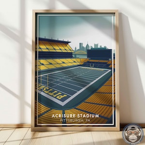 May include: A framed art print of Acrisure Stadium in Pittsburgh, PA. The stadium is depicted in a stylized illustration with yellow and blue seating, a green field, and a cityscape in the background. The print is in a wooden frame.