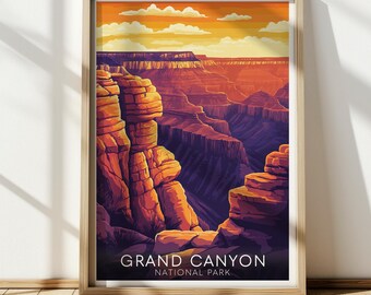 May include: A vintage-style poster featuring a scenic view of the Grand Canyon National Park. The poster has a warm color palette with shades of orange, red, and purple. The text "Grand Canyon National Park" is printed at the bottom of the poster.
