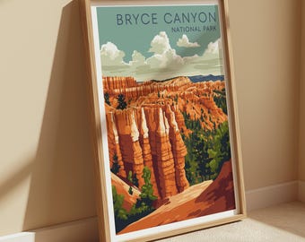 May include: A vintage-style poster featuring a scenic view of Bryce Canyon National Park in Utah. The poster has a blue and green background with the text "Bryce Canyon National Park" in white lettering. The image shows a panoramic view of the iconic red rock hoodoos, a popular tourist destination.