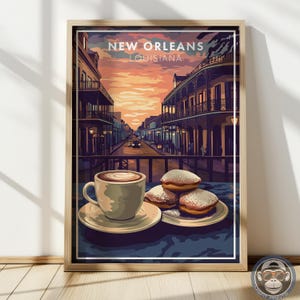 Poster New Orleans koffie en beignets – muurkunst Franse wijk zonsondergang – Louisiana Café print – vintage reisstijl illustratie
