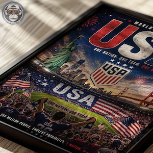 May include: A framed poster featuring a collage of American imagery including the Statue of Liberty, a soccer stadium, the Golden Gate Bridge, and the text USA, One Nation. One Team. One Goal. 330 Million People. Endless Possibility.