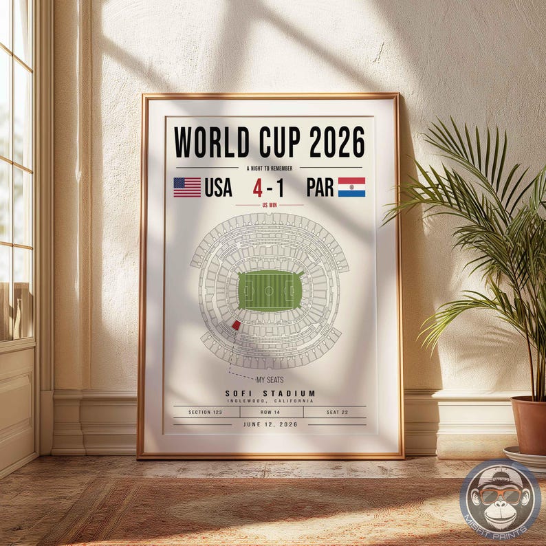 May include: A framed poster titled WORLD CUP 2026 A NIGHT TO REMEMBER featuring a stadium diagram, the score USA 4-1 PAR, and text indicating SOFI STADIUM, INGLEWOOD, CALIFORNIA, SECTION 123, ROW 14, SEAT 22, and the date JUNE 12, 2026.