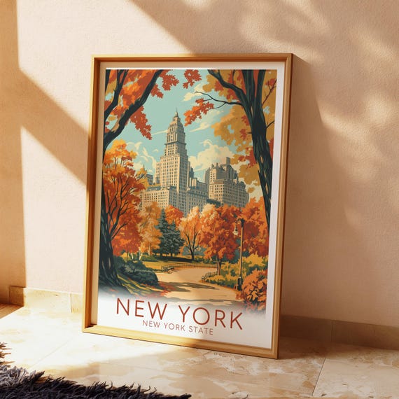 New York Fall Poster, Retro Travel Print, NYC Digital Wall Art Download - New Zealand