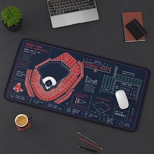 Può includere: Un tappetino per mouse blu navy con un progetto dettagliato del Fenway Park, Boston. Il design include il layout dello stadio, le dimensioni e il testo. Un mouse bianco e altre forniture per ufficio sono sulla superficie scura.