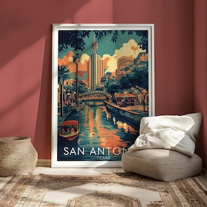 San Antonio Poster, River Walk Poster, Texas Vintage Travel Art, Printable Retro Wall Decor, Texas River Walk Print, Home & Office Wall Art