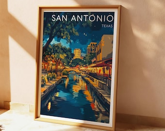 Póster del Paseo del Río de San Antonio, lámina de viaje vintage de Texas, arte digital para pared.