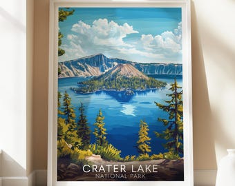 May include: A vintage-style poster featuring a scenic view of Crater Lake National Park. The poster depicts a deep blue lake surrounded by lush green trees and mountains. The text "CRATER LAKE NATIONAL PARK" is printed at the bottom of the poster.