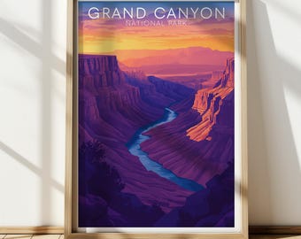 May include: A vintage-style poster featuring a scenic view of the Grand Canyon National Park. The poster has a sunset sky with a river winding through the canyon. The text "Grand Canyon National Park" is at the top of the poster.