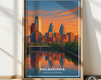 Philadelphia Skyline Poster, Sonnenuntergang Stadtbild, Fluss Spiegelungen Wanddekor