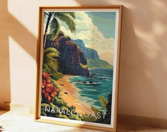 May include: A vintage-style travel poster featuring a scenic view of the Nā Pali Coast on the island of Kauaʻi, Hawaii. The poster depicts lush green cliffs, a sandy beach, and turquoise ocean water.