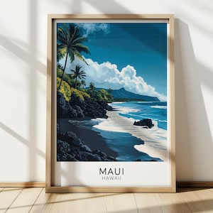 Black Sand Beach Maui Hawaii Travel Poster | Tropical Ocean & Mountain Landscape Art Print | Unique Travel Decor | Wall Art