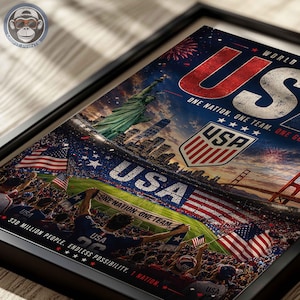 May include: A framed poster featuring a collage of USA imagery, including the Statue of Liberty, a soccer stadium, the Golden Gate Bridge, and fireworks. Text includes "USA", "ONE NATION. ONE TEAM.", and "330 MILLION PEOPLE. ENDLESS POSSIBILITY."