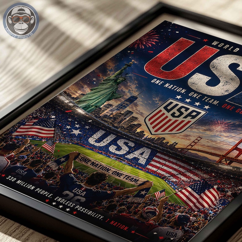 May include: A framed poster featuring a collage of USA imagery, including the Statue of Liberty, a soccer stadium, the Golden Gate Bridge, and fireworks. Text includes "USA", "ONE NATION. ONE TEAM.", and "330 MILLION PEOPLE. ENDLESS POSSIBILITY."