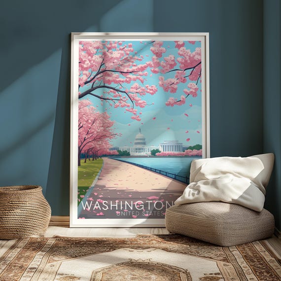 Washington DC Cherry Blossom Print, Capitol Building Travel Poster Digital Download