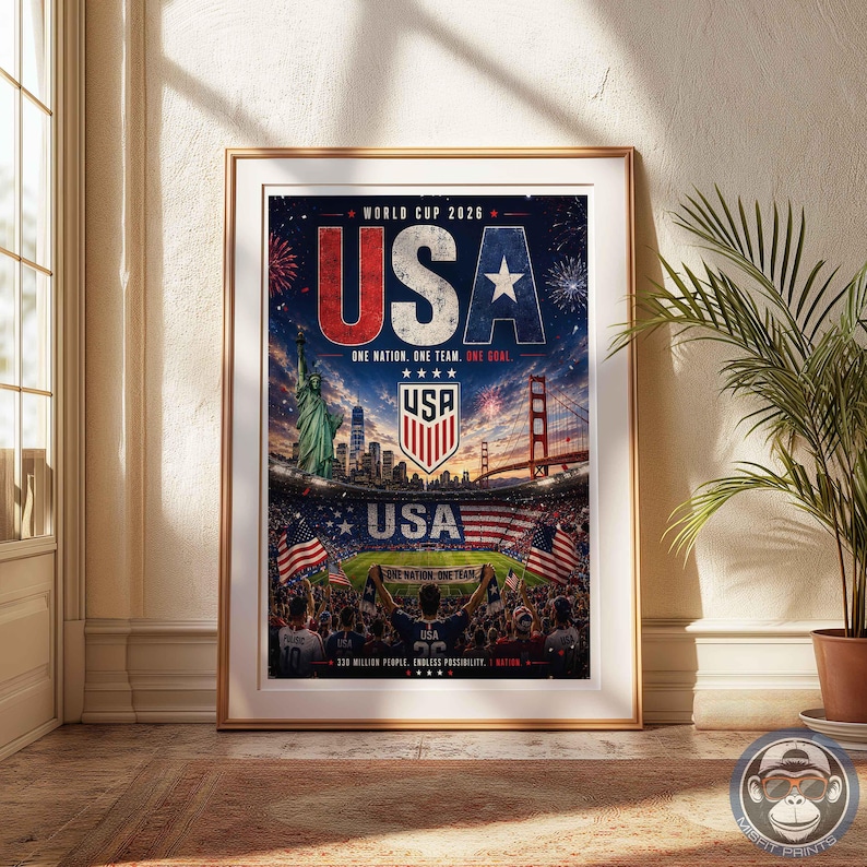 May include: A framed poster for the World Cup 2026 featuring the text USA, the Statue of Liberty, the Golden Gate Bridge, and a soccer stadium filled with fans holding American flags. The design includes the text One Nation, One Team, One Goal.