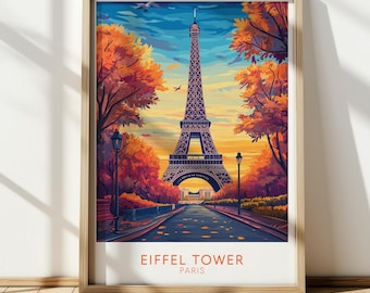 Eiffel Tower Paris Poster, Vintage Autumn Travel Wall Art