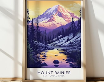 May include: A vintage-style poster featuring a scenic view of Mount Rainier National Park. The poster depicts a snow-capped mountain peak with a river flowing through a lush forest in the foreground. The sky is a vibrant orange and yellow, with purple and blue hues in the mountains. The text "Mount Rainier National Park" is printed at the bottom of the poster.
