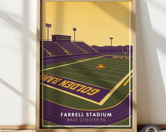 Minimalist Farrell Stadium Poster – West Chester PA Wall Art, Collegiate Football Field Print, Purple & Gold Decor