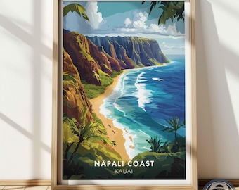 Nā Pali Coast Poster, Kauai Hawaii Wall Art Print, Tropical Beach Coastal Decor