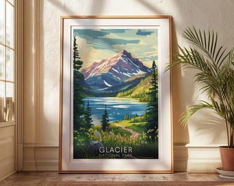 May include: A vintage-style poster featuring a scenic view of Glacier National Park. The poster depicts a mountain range with a lake in the foreground and the text "GLACIER NATIONAL PARK".