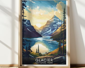 May include: A vintage-style poster featuring a scenic view of Glacier National Park. The poster depicts a mountain range with a lake in the foreground, surrounded by lush green trees. The text "GLACIER NATIONAL PARK" is printed at the bottom of the poster.