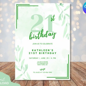 Invitación de cumpleaños verde / Invitación imprimible / Invitación para el cumpleaños número 21 / Plantilla de descarga editable / Invitación de cumpleaños / Tema verde / Naturaleza