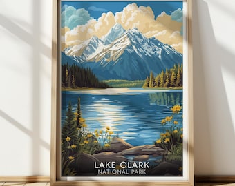 Pôster do Parque Nacional Lake Clark, Impressão de Viagem ao Alasca, Arte de Parede Vintage